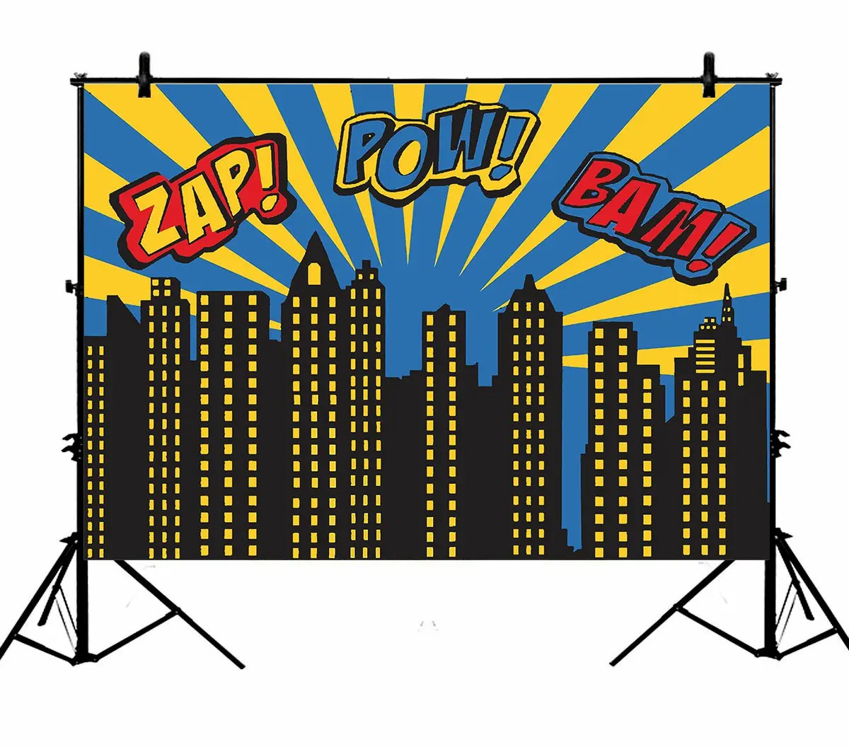 

5x7ft Happy Birthday Super City Boom Zap Pow Bam Building Sky Polyester Photo Background Portrait Backdrop