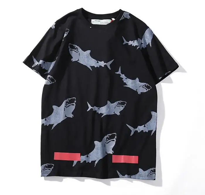 

Novelty European American 18ss Off-White OW shark Men/Women Unisex Couple Lovers models Fashion Cotton Short Round neck T-shirt