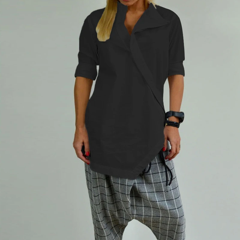 Cellumia женские длинные рубашки осень весна Асимметричная льняная блузка повседневные свободные Туники Топы на пуговицах Blusas Chemise Femininas 5XL - Цвет: Черный