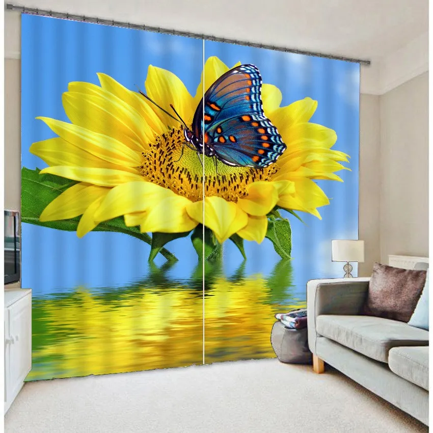 

Sunflower Butterfly print Luxury 3D Window Curtains For Living Room Bedroom Drapes Cortinas Rideaux Customized size pillowcase