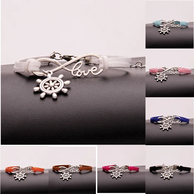 

Hot European American Style Ancient Silver Steering wheel rudder Charm Pendant Infinity Love Weaving Bracelet Women Jewelry Gift