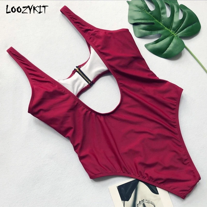 

LOOZYKIT 2019 Women's Cut Out One-Piece Swimsuit Summer Zipper Monokini Open Back Swimwear Solid Bikini Bathing Suit Thong Beach