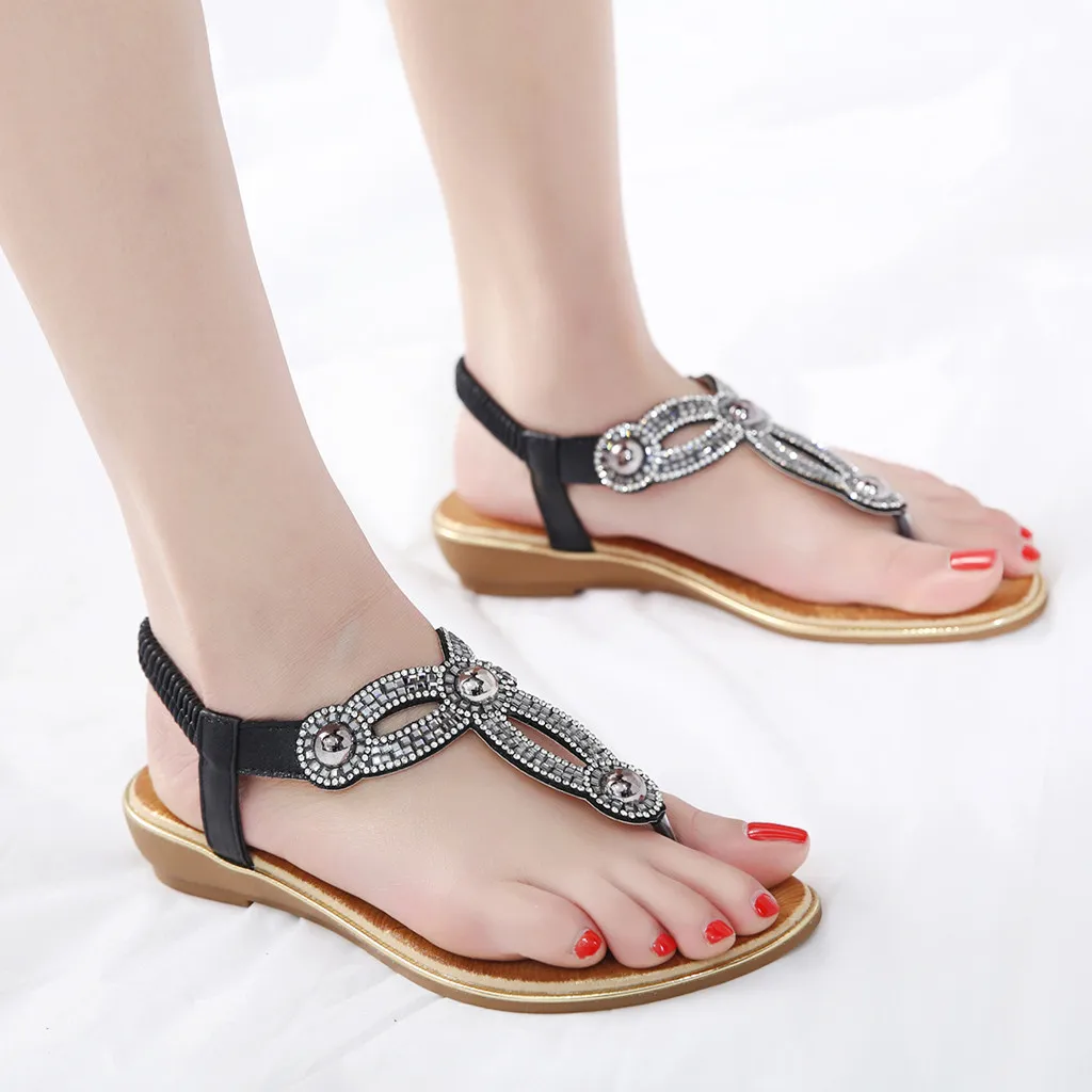 

Women Bohemia Flip Flops Summer Beach T-Strap Flat Elastic band Sandals Printing Leather with stones Comfort Walking Sewing Shoe