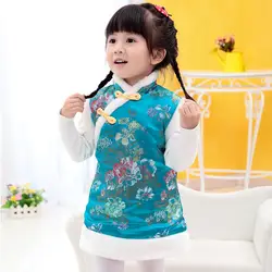 Зимнее платье для девочек в китайском стиле, хлопковое детское платье Ципао без рукавов для маленьких девочек
