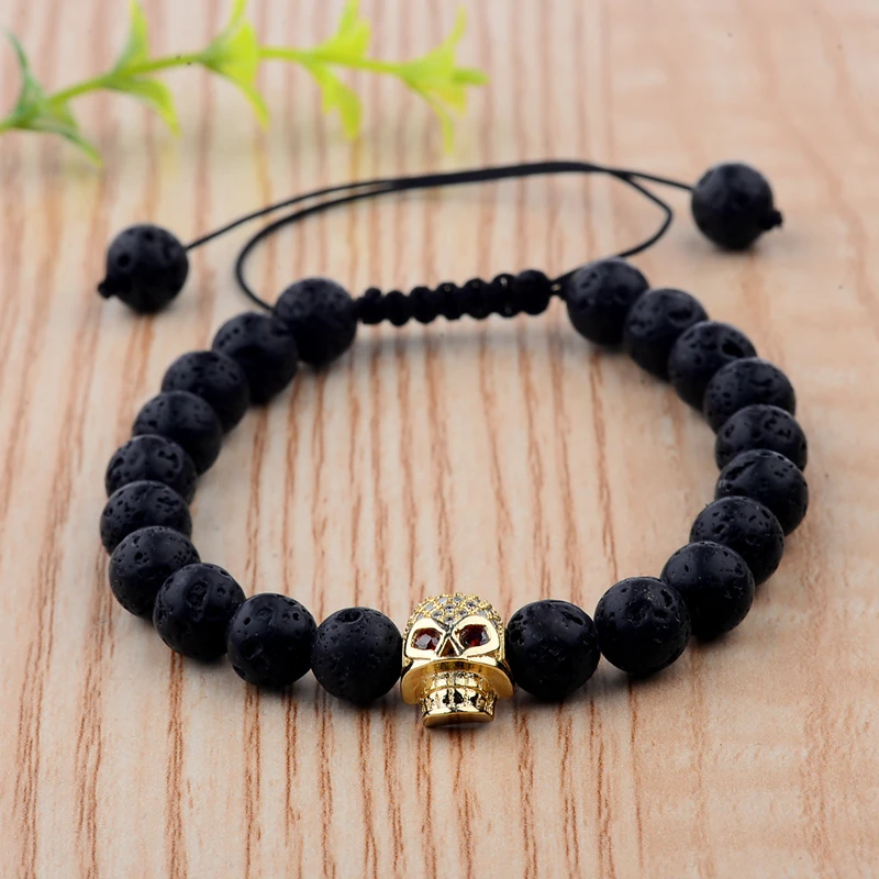 DOUVEI New White CZ Skeleton Black Natural Lava Stone Beads Bracelet 3 Colors Men Rope Chain Bracelet Homme For Women ABL001
