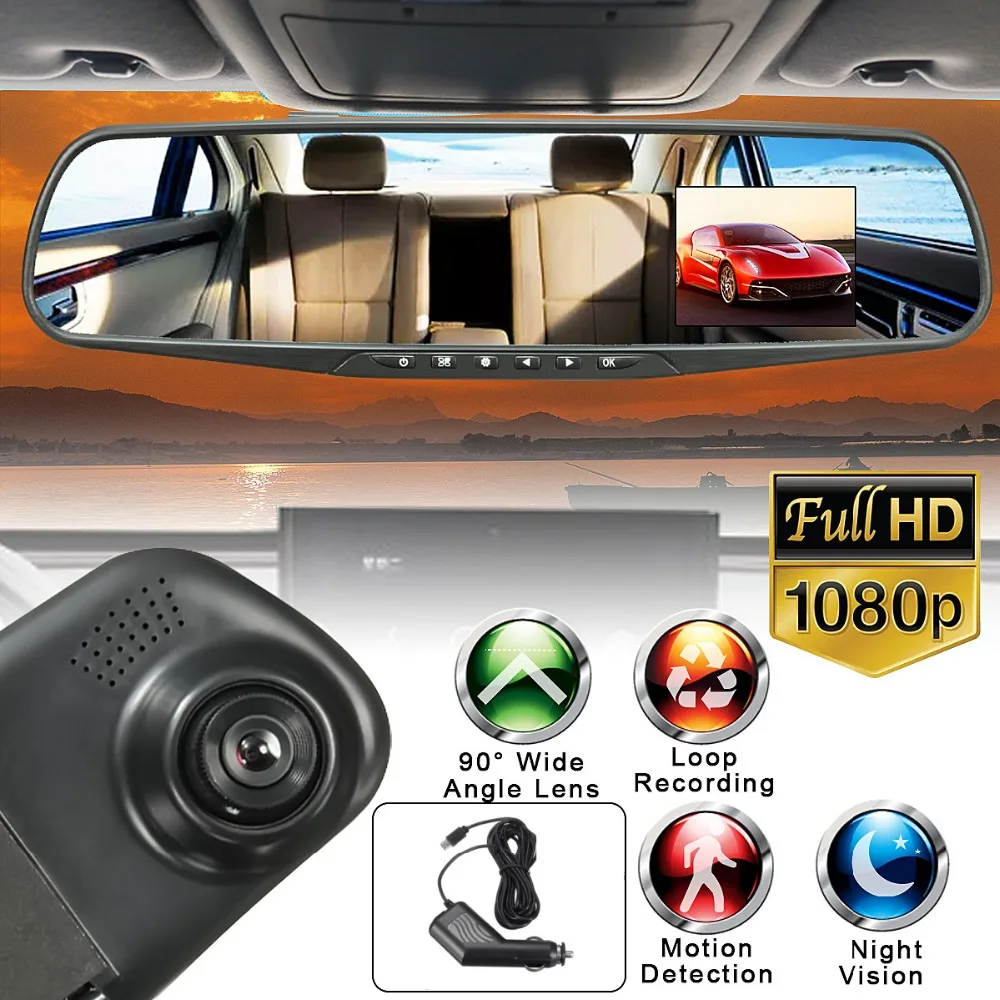

HD 1080P 2.8 inch LCD Display Screen 90 Degree Rear view Mirror Dash Cam Camera Video Recorder Night Vision DVR