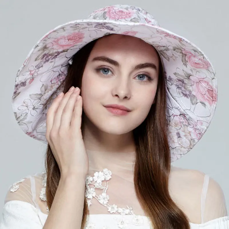 Embroider Flower Windproof Foldable Sunshade Cap For Women Pink Large Bow Tie Elegant Sun Hat