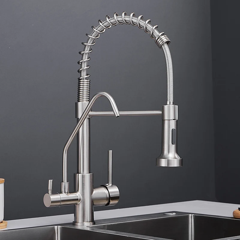  Nickel Spring Pull Down Kitchen Faucet Dual Spouts 360 Swivel Handheld Shower Kitchen Mixer Crane H - 33045520559