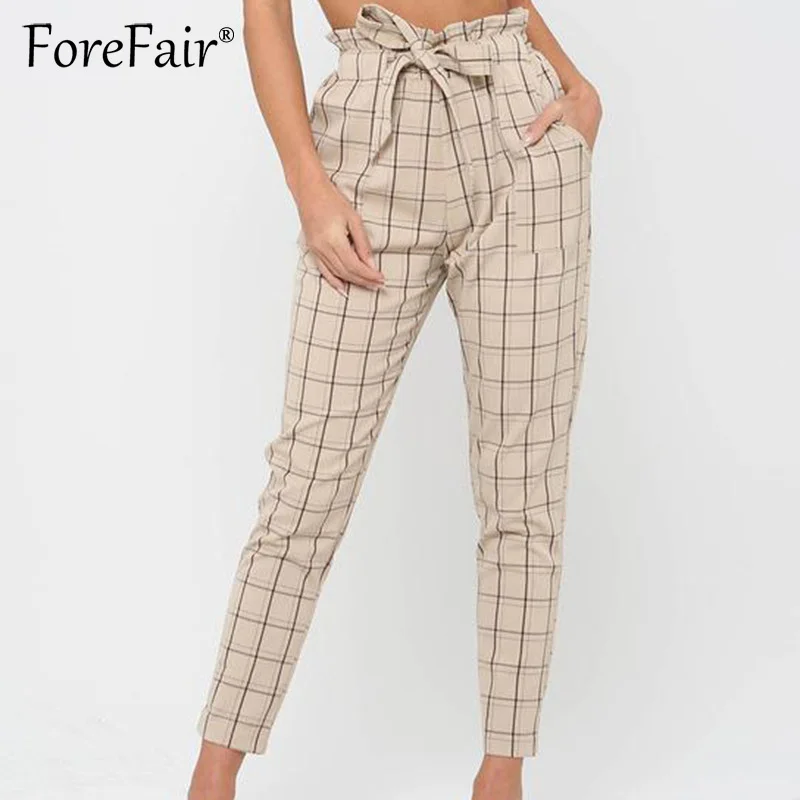 

Forefair Ladies Plaid Khaki Pencil Pants Women Trousers 2018 Autumn Soft Belt Casual High Waist Long Pants