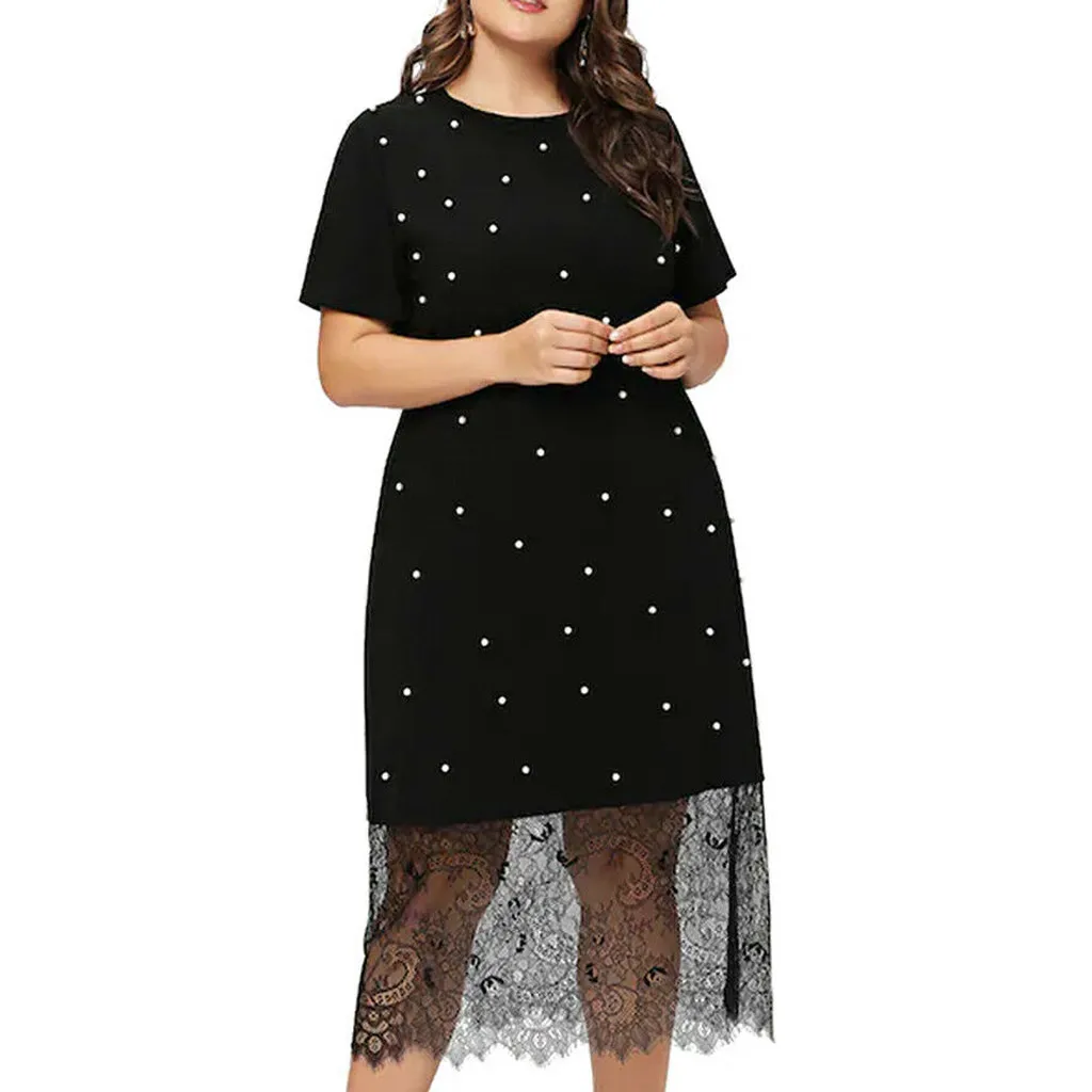 SAGACE Fashion Women Plus Size Casual O-Neck Short Sleeve Pots Printed Lace Dress Dot A-Line Summer Casual travel Dress July 17