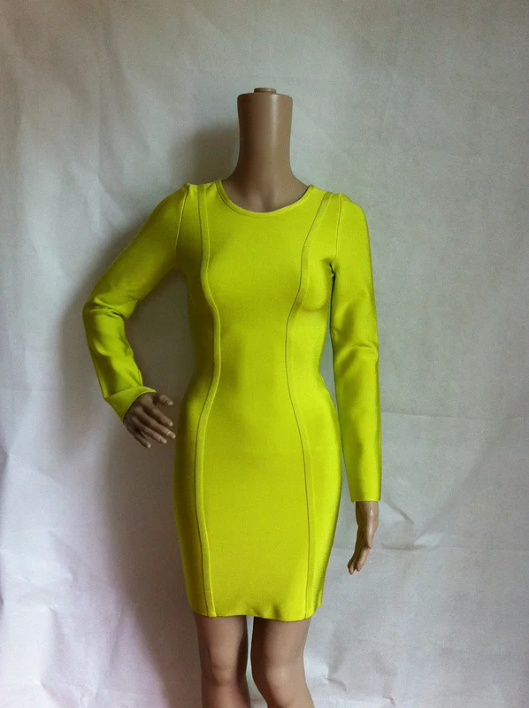 Высокое качество HL желтый зеленый цвет с длинным рукавом одноцветное Бандажное платье Элегантное знаменитостей облегающее платье
