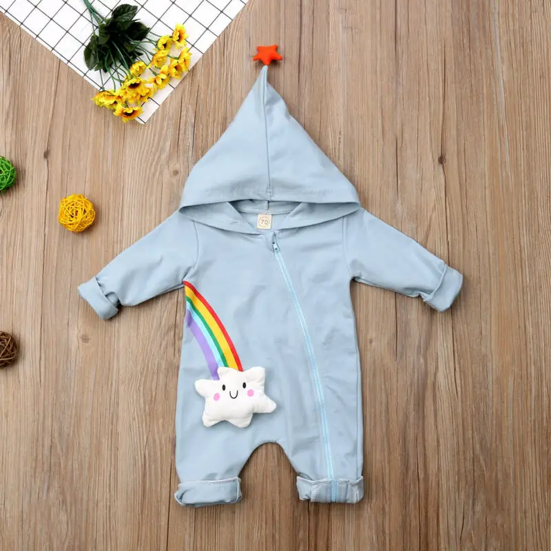 

PUDCOCO Neewest Newborn Baby Boy Girl Rainbow Romper Autumn Baby Long Sleeves Hooded Outfits Casual Clothes