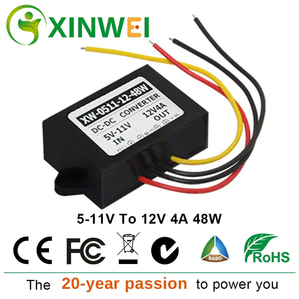 

XINWEI DC 5V-11V To DC 12V 4A 48W Power Converter Step Up Boost Module Plastic Non-isolated BUCK For Car & Navigation Monitoring