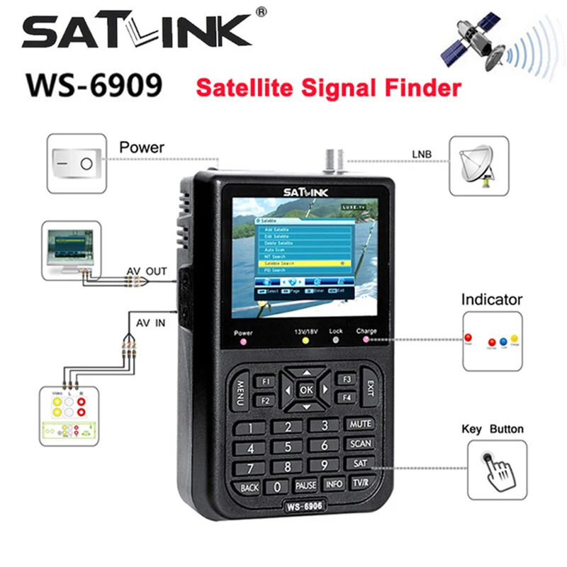 

Original Satlink WS-6906 satellite Finder DVB-S HD Digital Satellite Signal 3.5 inch LCD Display finder Meter Satellite Receiver