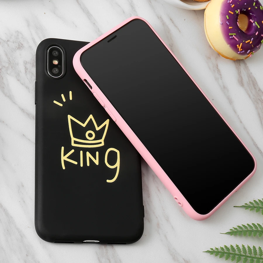 Однотонный карамельный силиконовый чехол для телефона для iPhone X/8/7/6 7 Plus/8 Plus/11 чехол розовый Король Королева Fundas чехол