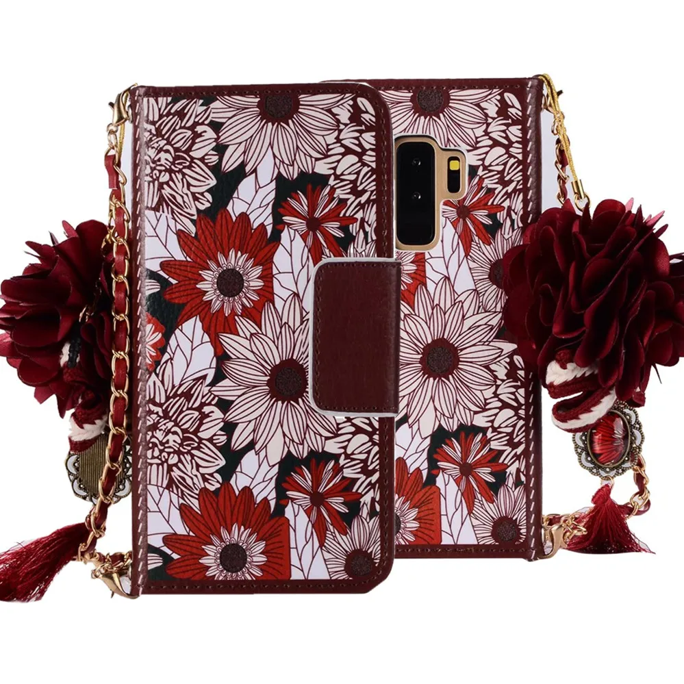 

flower wallet card leather case For samsung galaxy s10 s8 s9 plus s10e s10 lite note 9 8 case cover flora with chain strap cover