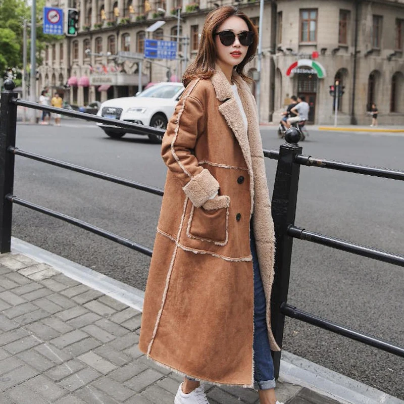 2018 Winter Warm Women Faux Suede Leather Coats Loose Long Lamb Wool