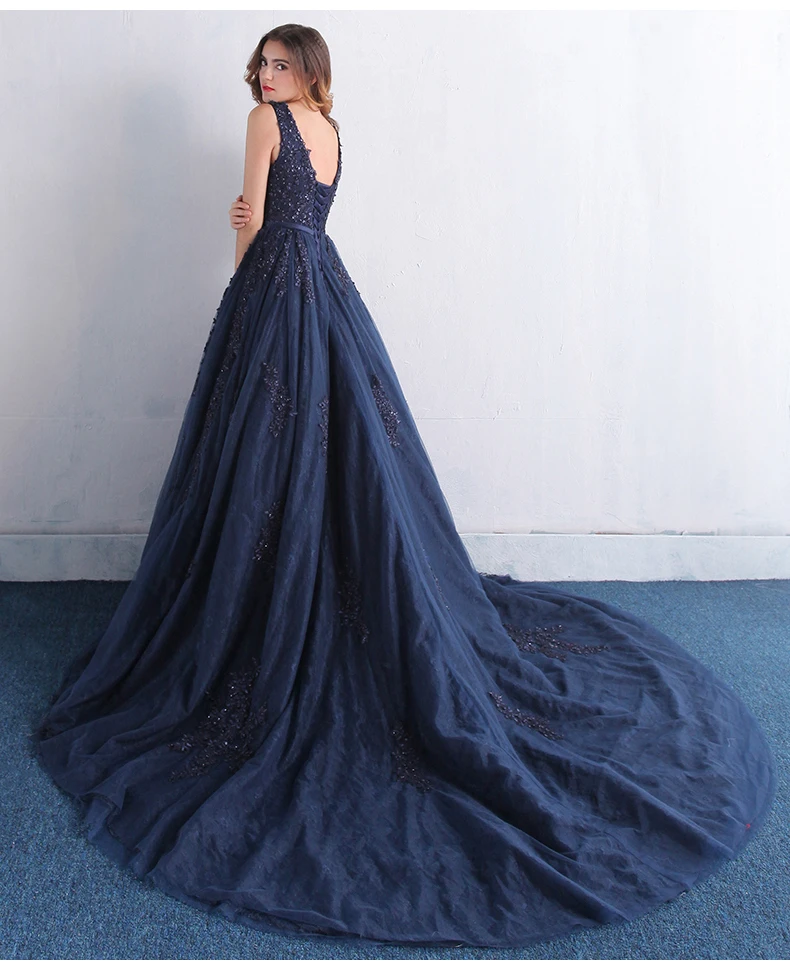 Пышное платье синий тюль аппликация из бисера кристалл бальное платье на заказ длиной до пола Vestidos 15 Anos Q1106