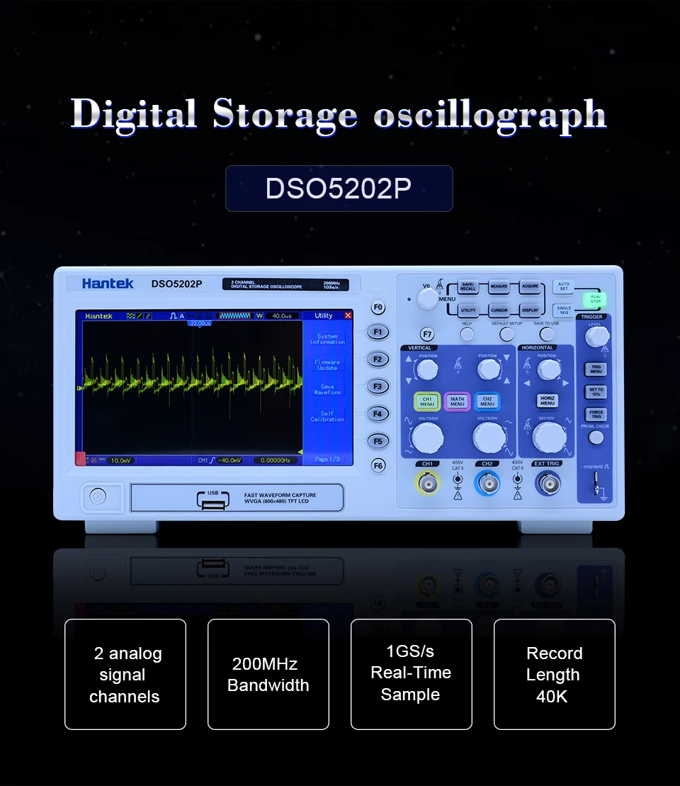 Hantek DSO5202P цифровой осциллограф 70-200 МГц 2 канала 1GSa/s 7 ''TFT lcd цветной дисплей длина записи 40K 5102 P/5072 P