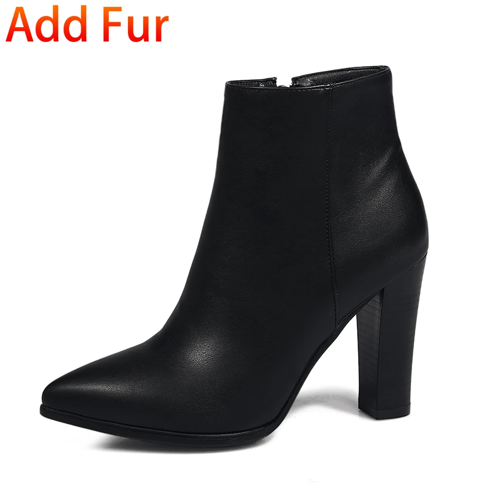 KARINLUNA/Прямая поставка; большие размеры 32-43; ботильоны; женская обувь; элегантные женские офисные Ботинки с острым носком на высоком каблуке; - Цвет: black add fur