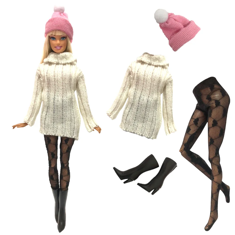 

NK 4 Items/Set Doll Dress Fashion Model Coat Outfit Daily Sweater Hat+Shoe+Stocking For Barbie Doll Accessories Baby Toys 04B