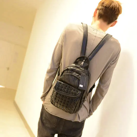 Genuine leather Backpack Rivet Small size Men&#39;s backpacks Men&#39;s travel bags Crossbody bag for ...