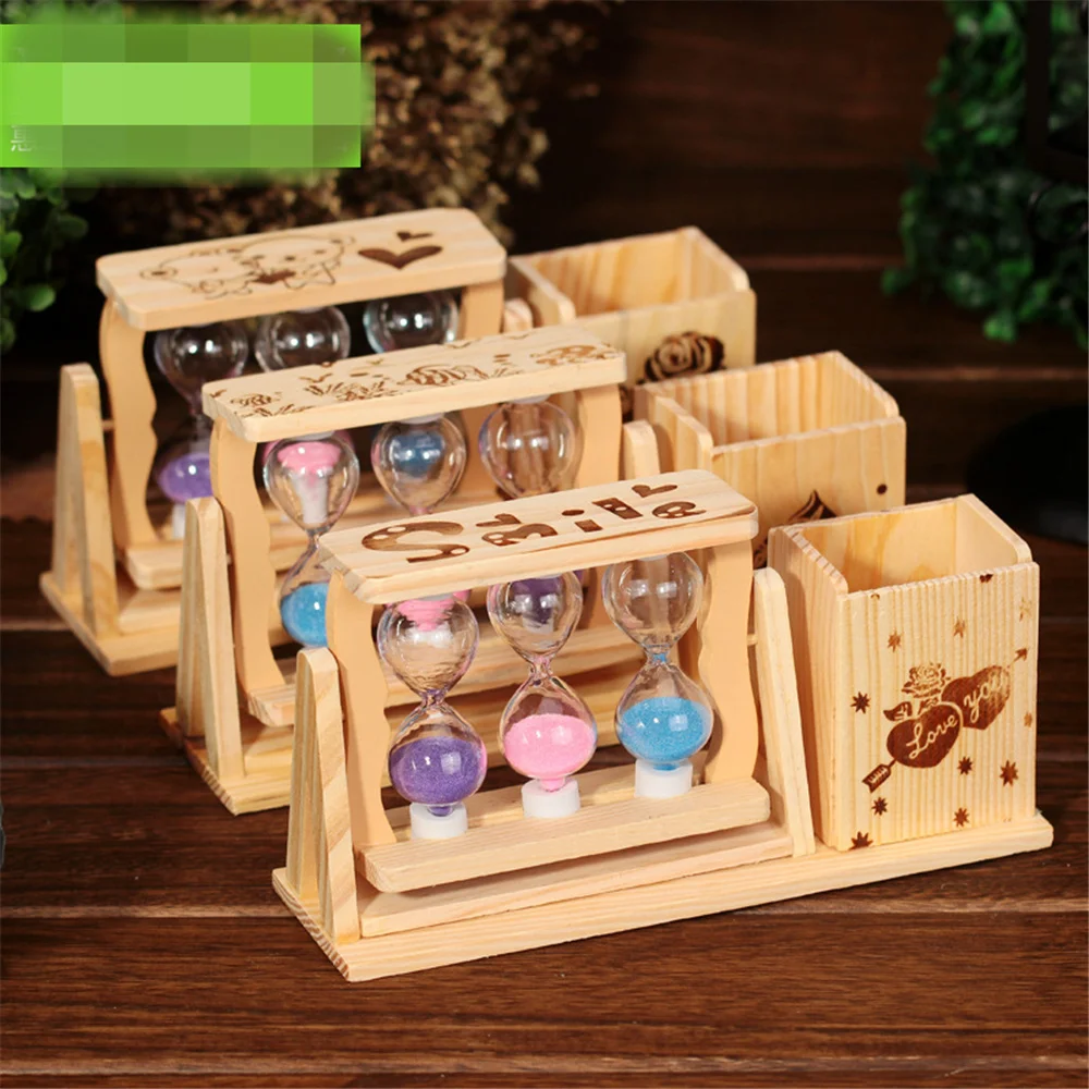 Wooden Pen Holder With Three Hourglass Kawaii Desk Tidy Pencil