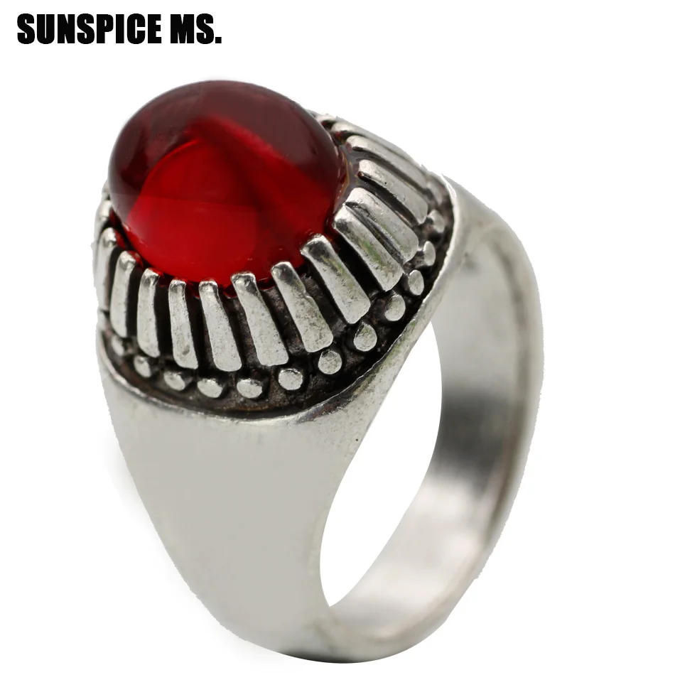 

SUNSPICE MS. Bohemia Retro Vintage Silver Color Red Natural Stones Rings For Women Ethnic Wedding Jewerly Ancient Men Ring Gifts