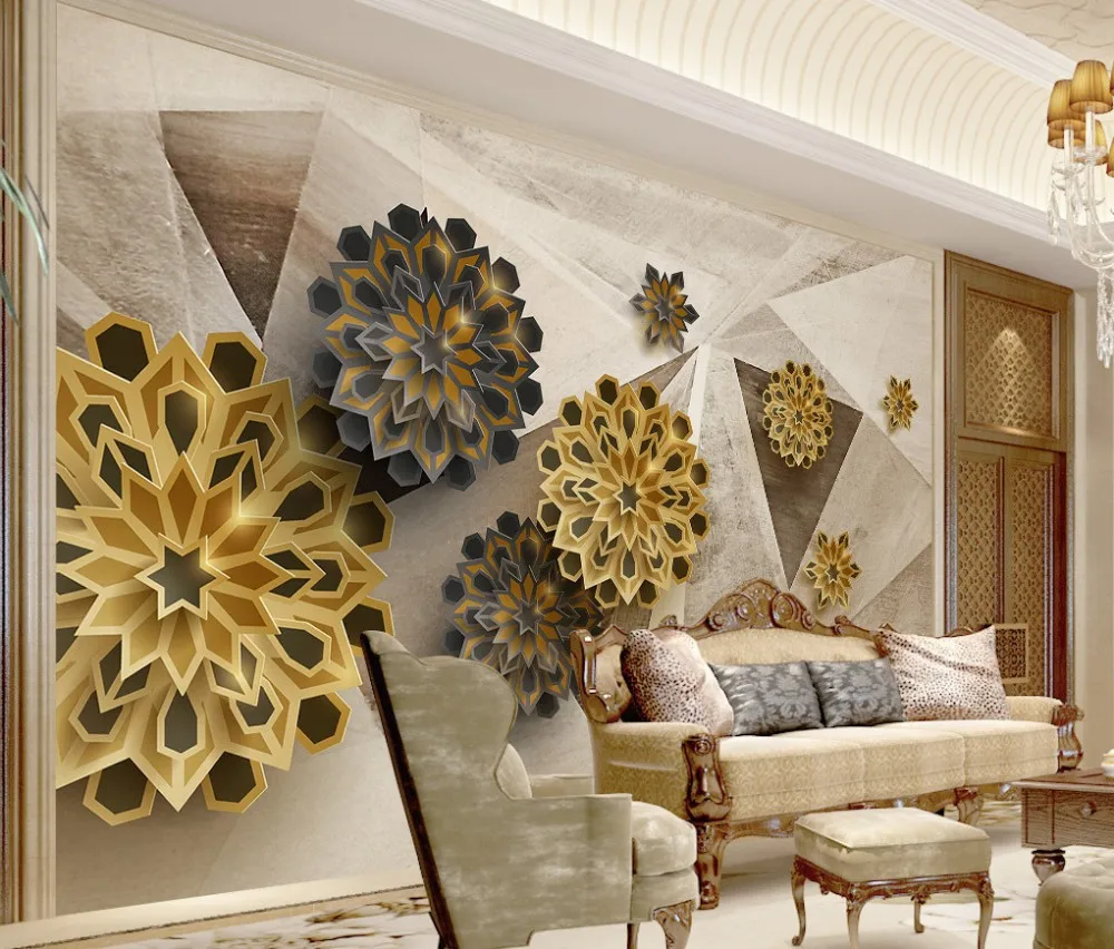 

Free Shipping Custom 3D Fashion Polygon Retro Abstract TV Backdrop Wallpaper Gold Color Living Room Bedroom Mural Flower Pattern