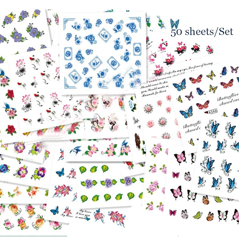 

50 Sheets/set Nail Water Decal Flower Kiss Love Butterfly Random Pattern Transfer Stickers Paper for Nail Art DIY Decorations