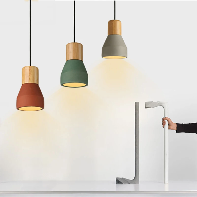 Günstige Nordic Asche Holz Zement Anhänger Lampe Moderne Concret Rot Blau Schwarz Grau Zement Anhänger Licht Drop Hause Licht Vintage Esszimmer zimmer