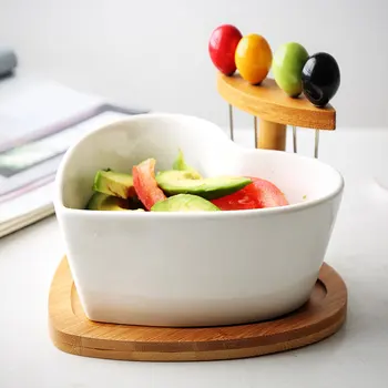 

Ceramic Fruit Plate Heart Salad Bowl with Fruit Fork Bamboo Stand Household Simple Dried Fruit Dish Pot Tableware Snacks