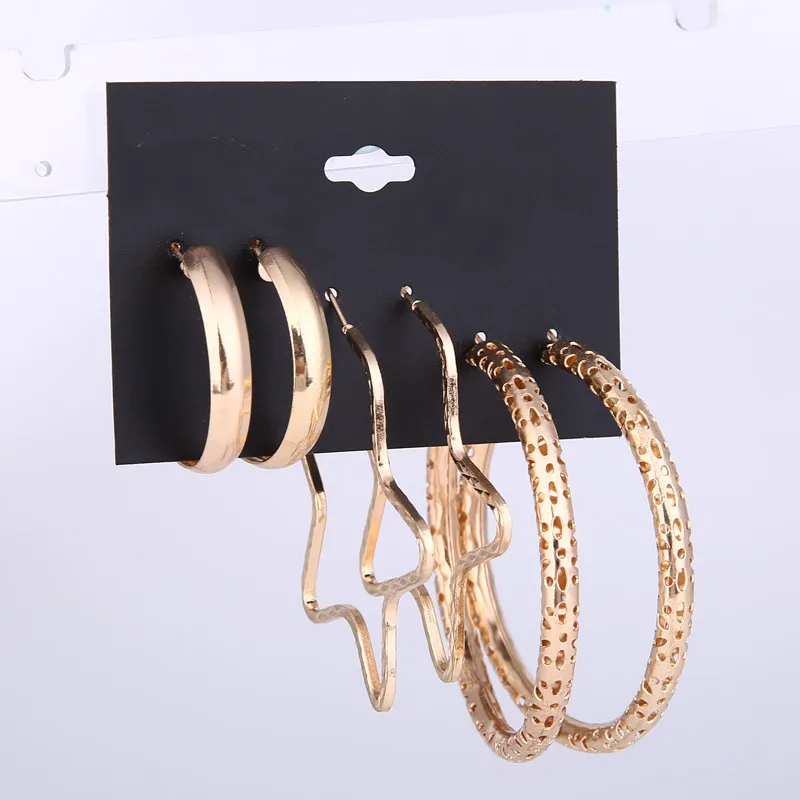

3 pairs/set Gold Punk Star Round Shape Hoop Earrings Set For Women Big Circle Loop Earring Geometric Earrings Metal Jewellery