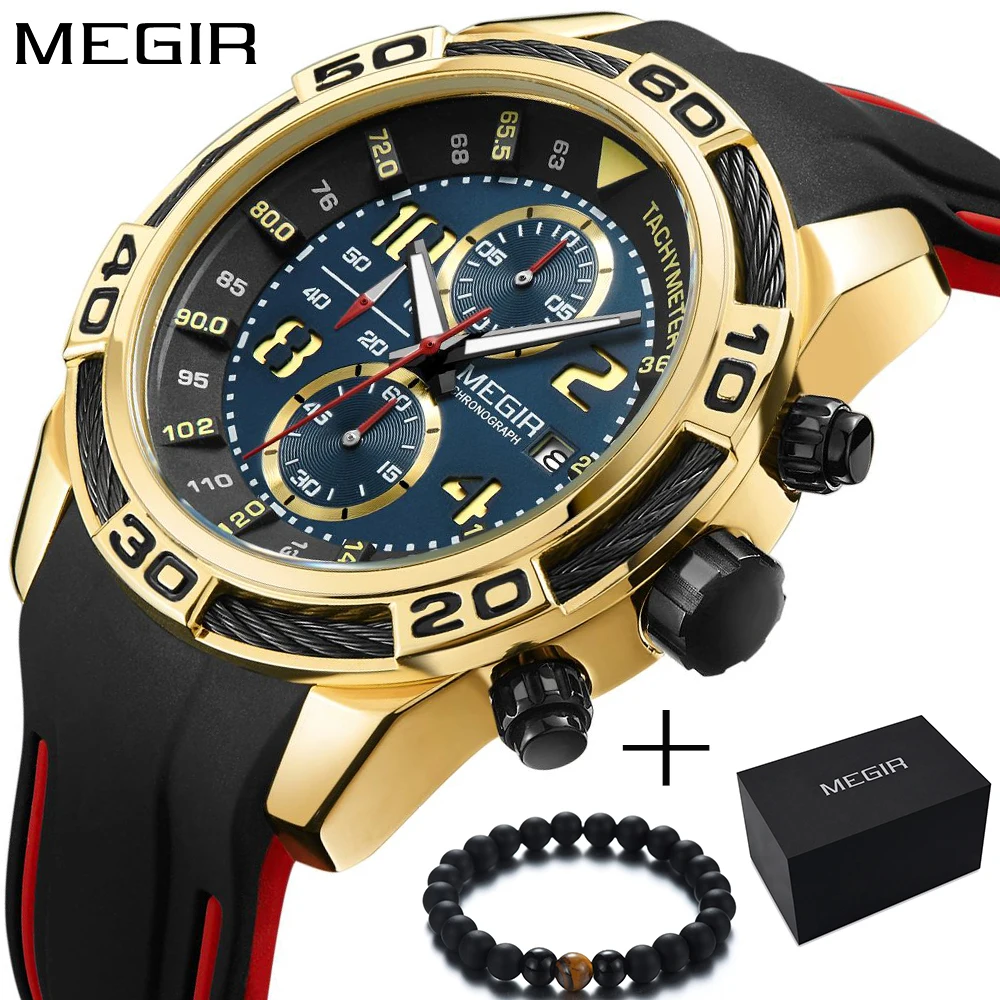 

Megir Men Watches 2017 Luxury Brand Quartz Sport Watch Mens Military Army Watch Men Gold Silicone Chronograph Men's Wristwatches