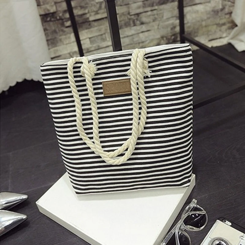Stripe Black Handbag Canvas Woman Shopping Bag Women Cheap Hand Bags Beach Bag Canvas Tote Bags