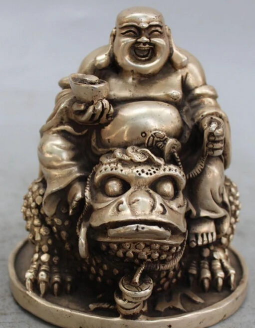 

4" Marked Chinese Buddhism Silver Happy Laugh Maitreya Buddha JinChan Statue R0707