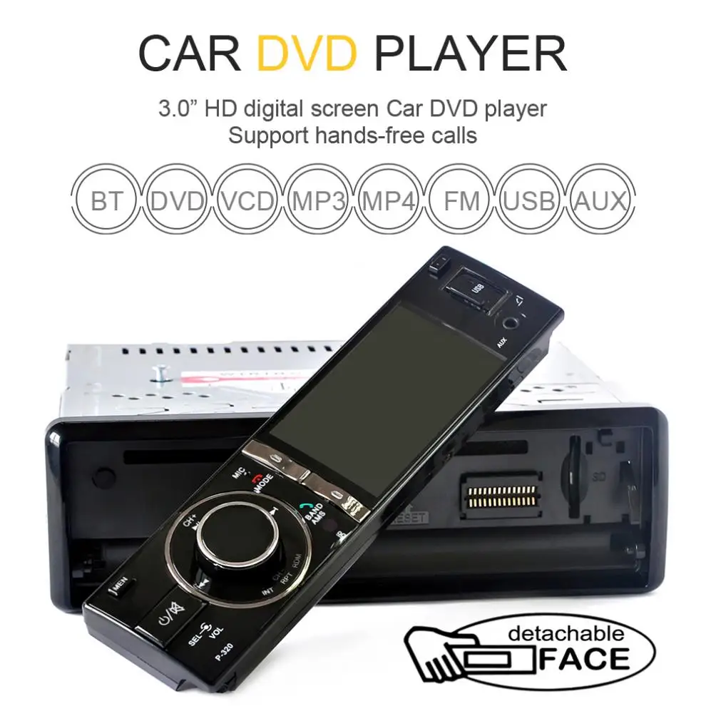 

3" Single 1 Din Car DVD Player Radio Stereo Detachable Panel Video Bluetooth Subwoofer AUX Camera In CD MP5 Audio