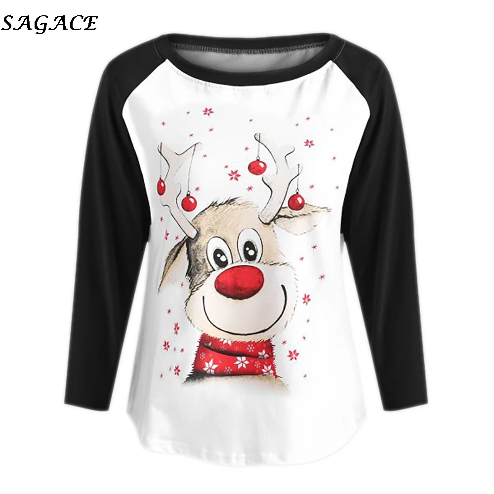 

SAGACE Plus Size Female T-Shirt 2018 T-Shirt Female Christmas Elk Print Long Sleeve Tshirt Top Femme Funny Cute Christmas Gift
