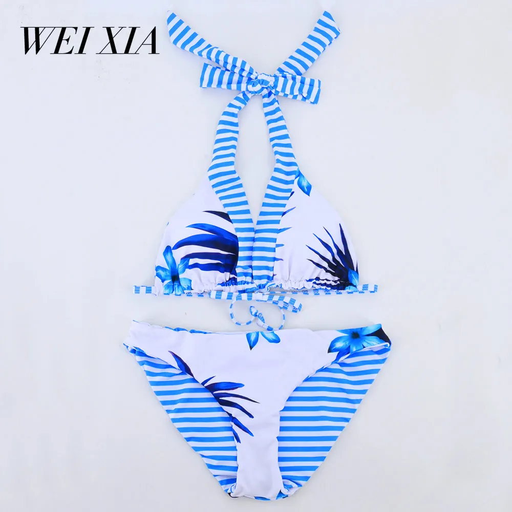 WEIXIA 2018 синий белый в полоску Для женщин Купальник Push Up комплект бикини с pad Кубка