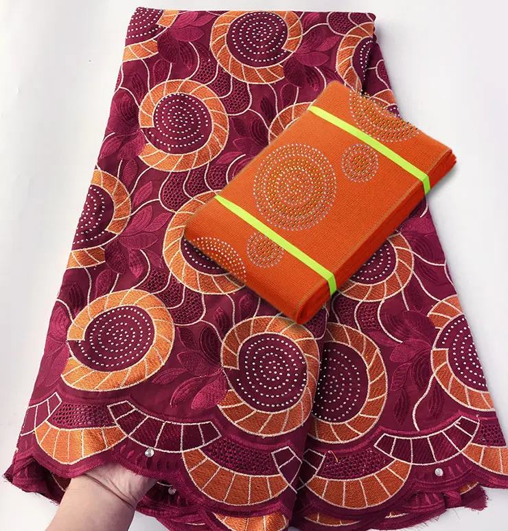 5 ярдов африканская кружевная ткань швейцарская хлопчатобумажная вуаль кружева соответствующие камни ASO OKE gele головной убор хороший выбор - Цвет: Wine red Orange