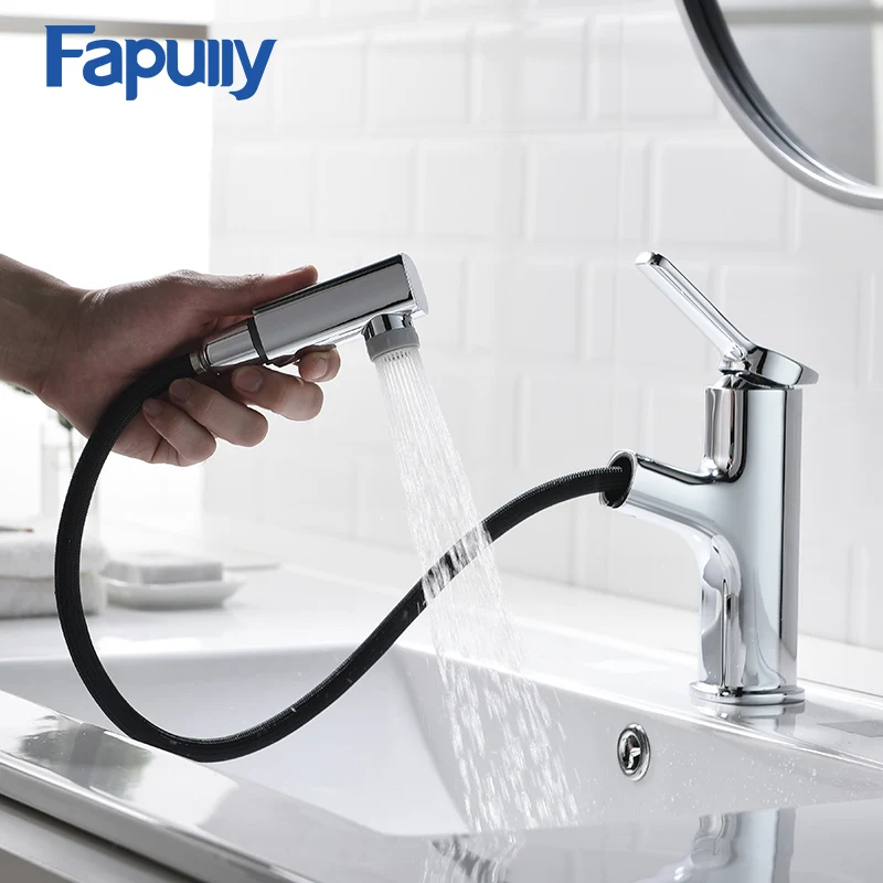 

Fapully Basin Faucets Pull Out Chrome Finish Bathroom Sink Faucet Single Handle Two Function Water Outlet Mixer Tap Crane 1092
