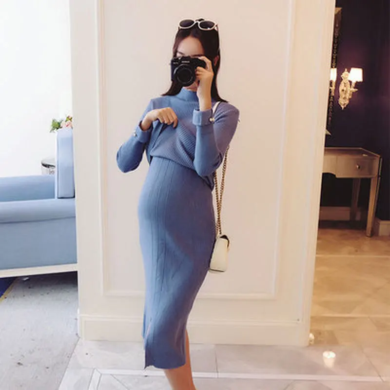 

Fashion Pregnancy Party Dress Eleglant Knitted Maternity Clothes Dresses for Pregnant Women Autumn Winter Maternity Dress Set
