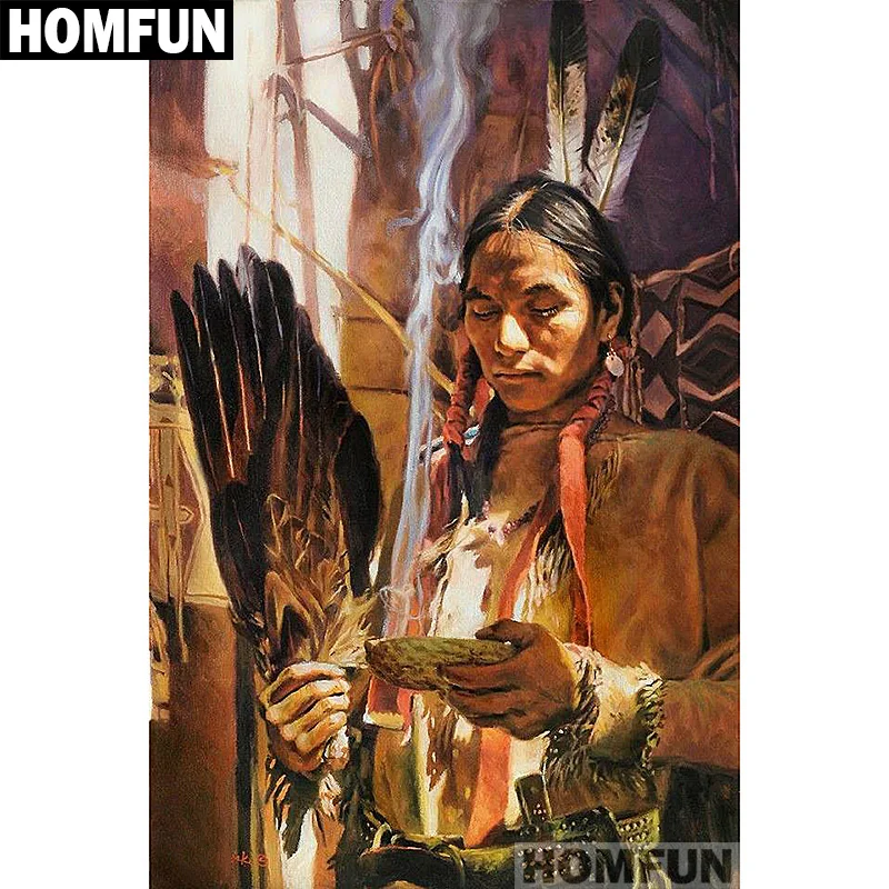 

HOMFUN Full Square/Round Drill 5D DIY Diamond Painting "Indians & feather" Embroidery Cross Stitch 5D Home Decor Gift A01447