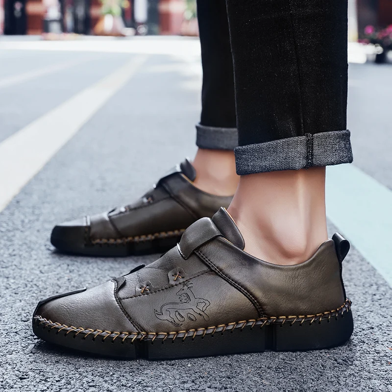 

High Quality Elastic band Men genuine leather shoes Fashion design Solid Tenacity Comfortable Men's shoes big sizes Mesh Flats