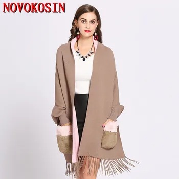 

2020 Winter Faux Cashmere Poncho Women Long Sleeves Wrap Vintage Shawl With Fur Pocket Female Oversize Tassel Knitted Scarf