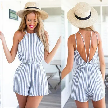

2016 New Fashion Stylish Lady Women Sexy Strap Striped Backless Elastic Waist Slim Club Casual Short Jumpsuit