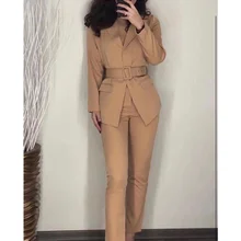 Женский костюм, модный элегантный офисный женский костюм, пиджаки с поясом и брюки, комплект из 2 предметов, брючный костюм для женщин