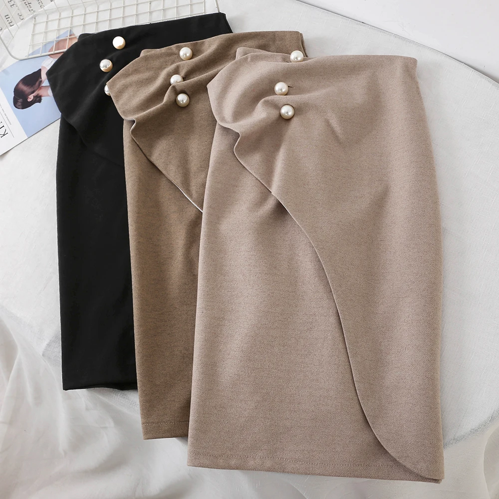 Осенне-зимняя женская юбка с завышенной талией и бусинами, асимметричная длинная юбка до середины икры, одношаговые юбки для девочек