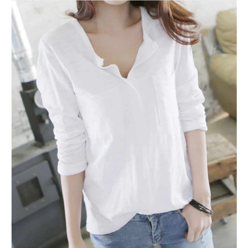 

white T Shirt Women Clothes 2019 spring korean Tops V-Neck Tshirt Casual Solid T-Shirts Clothing Long Sleeves Tee Shirt Femme