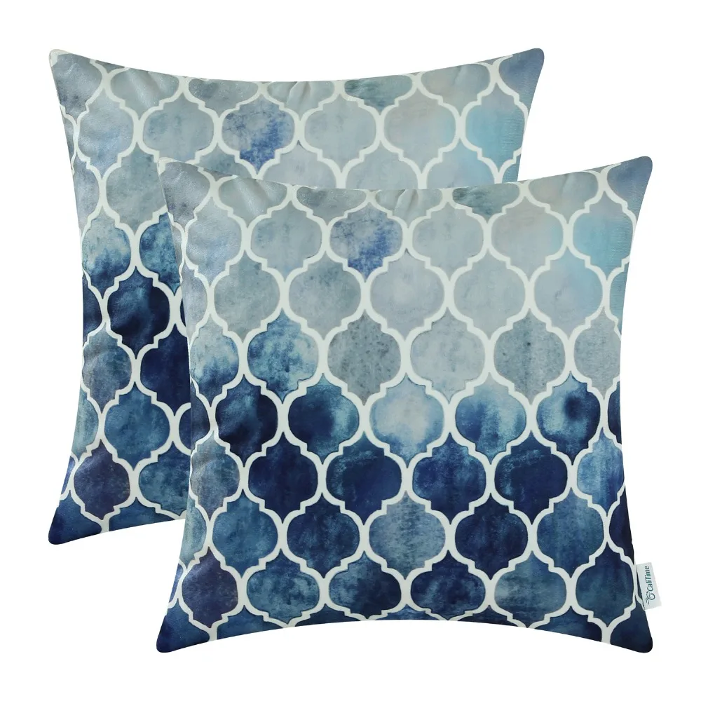 

2PCS Square CaliTime Pillows Shell Cushion Cover Home Colorful Geometric Trellis Chain 18" X 18"(45cm X 45cm) Grey Navy Blue